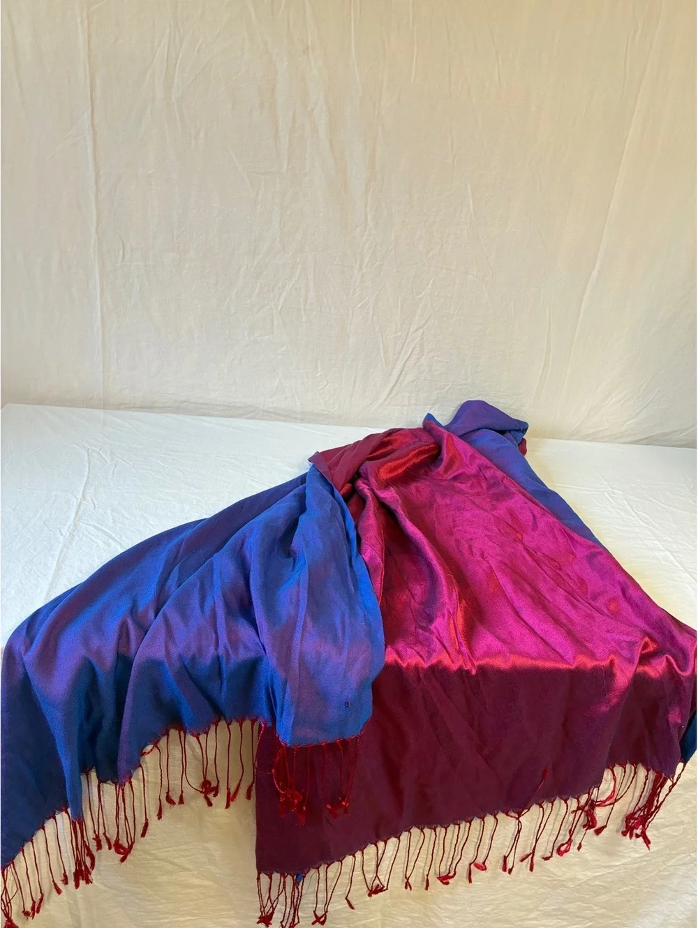 Two-Tone Blue and Burgundy Shawl with Fringe Detailing